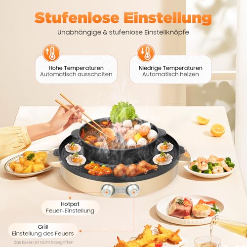 2200W Hot Pot Elektrisch Hotpot Topf 220V Elektrogrill 2 in 1 Multifunktion Elektrische Grill Hot pot mit Abnehmbar Kochplatte, Elektrische Hot Pots für Wohnheim Zuhause (Gold) – Bild 5