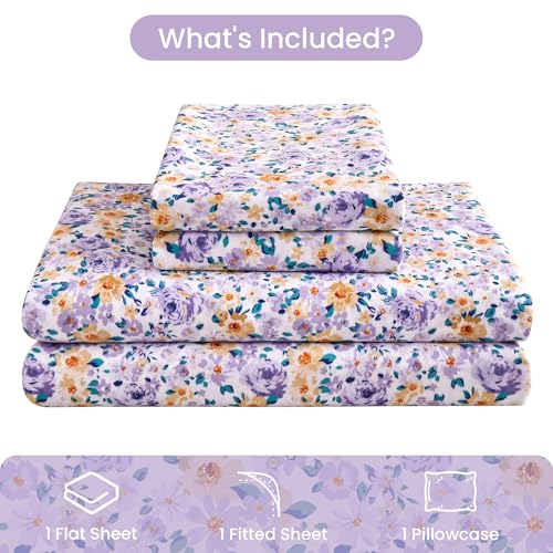 Image of Mooreeke Floral Twin 3 Pieces Bed Sheets, Soft Microfiber Bedding Sheets & Pillowcases, Deep Pocket Non-Slip Vintage Twin Sheet, Purple Yellow Flower Pattern Bedsheets