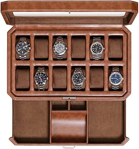 ROTHWELL 12 Slot Leather Watch Box with Valet Drawer - 12 Slot Luxury Watch Case Display Organizer, Microsuede Liner, Mens Accessories Holder, Jewelry Case, Jewelry Display Organizer (Tan/Brown)