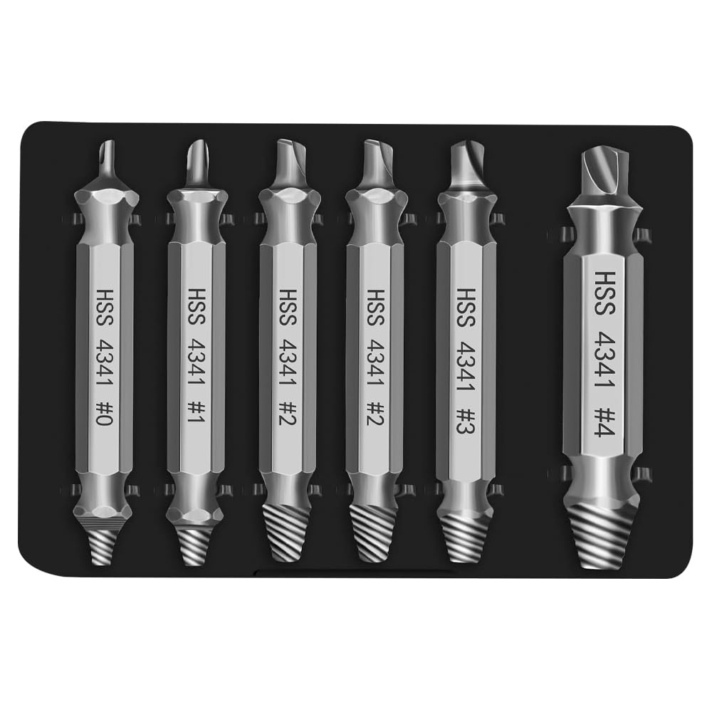 Damaged Screw Extractor Set, 6 PCS Remover for Stripped Screws, Drill Bit Tools for Easy Removal of Rusty Broken Screws Nuts & Bolts, High Speed Steel