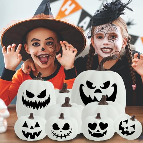 Image of Ghrdopy 9PCS Fall Pumpkin Decor - Plastic Artificial Fake Pumpkins Used for Home Party Outdoor Decor and Thanksgiving Decorations(White)