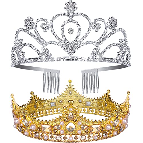 Photo 1 of 2 Pieces Baroque Queen Crown Crystal Crowns For Women Tiaras With Comb Gold King Crown for Men Rhinestone Princess Crown Tiara For Women Girls Elegant Headband Bridal Wedding Prom Birthday Party
