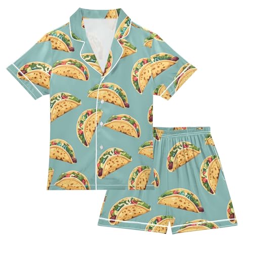 ALAZA Pizza Sushi Satin Pajamas Set Short Sleeve Button Down Sleepwear Summer Pjs 2 Piece