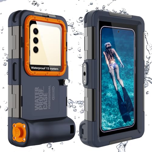 ShellBox Case Upgrade Underwater Scuba Waterproof Phone Case for Samsung Galaxy S25/S24/S23/S22/S21 Plus Ultra Universal(Volume Button on Right),50Feet(15Meters) Professional Diving Shell, Blue-Orange