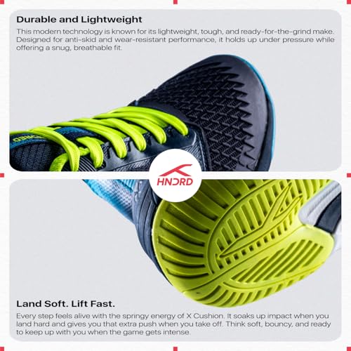 Image of Hundred Hyper Spike Badminton Shoes | Indoor Court Footwear | Active Grip Non-Marking Sole | X-Cushion Midsole | Support Plate Stability | Professional Performance (Navy /Blue /Lime /White)
