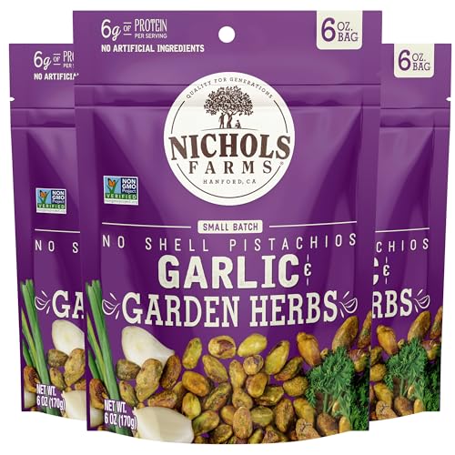 Nichols Farms Pistachios - Fresh Roasted No Shell Pistachio - Nutrient Rich Nuts Snack Packs - Non-GMO, California Grown - Healthy, Wonderful Tasting, Party Snack - (Garlic &amp; Garden Herbs)