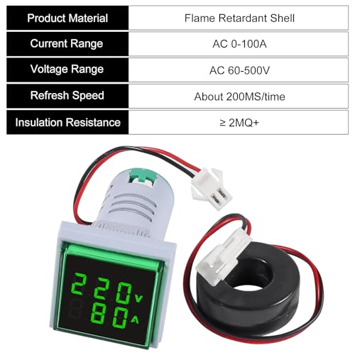 Image of 2PCS AC Voltage Current Meters, Dual LED Display Digital Voltmeter Ammeter AC 60-500V 0-100A Voltage Gauge with Transformer 110v 220v Voltage Tester Current Meter(Green)
