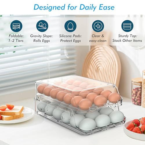 Egg Holder for Fridge, Foldable Automatic Rolling Egg Container for Refrigerator, Stackable Large-Capacity Egg Organizer - Additional View