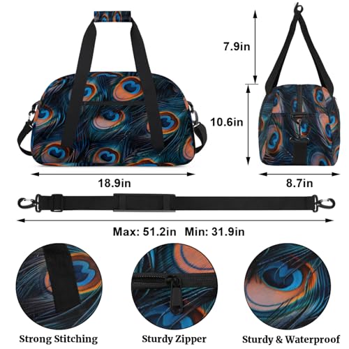 Feather Peacock Gym Bag for Women Men, Sports Travel Duffel Bag Lightweight Workout Bag Carry On Overnight Weekender Bag2