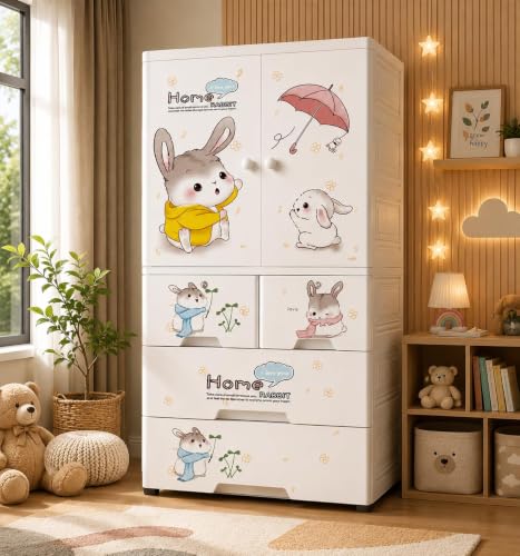 Image of HIWARE Premium Modular Wardrobe for Bedroom, Kids Room and Home | Spacious Clothes Storage Cabinet with Drawers and Shelves | Modern Stylish Design, Heavy Duty, Multipurpose Organizer -Cute-Rabbit