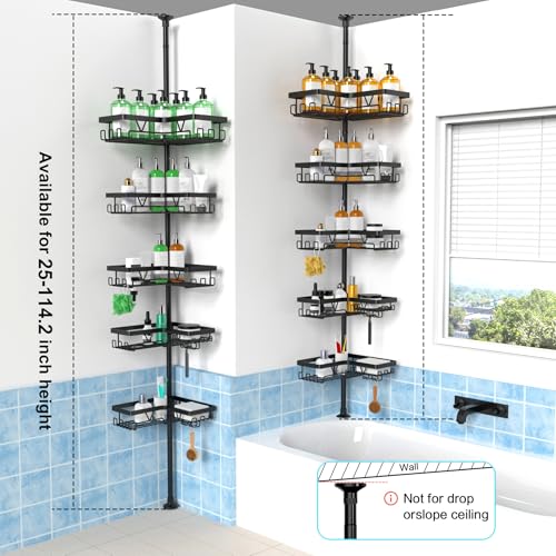 Image of KEGII 5-Tier Corner Shower Caddy Tension Pole, Adjustable 25-114.2 Inch Rustproof Bathroom Organizer Shelves with Hooks, Soap & Razor Holder, Inverted Bottles Design, Space-Saving Storage Rack, Black