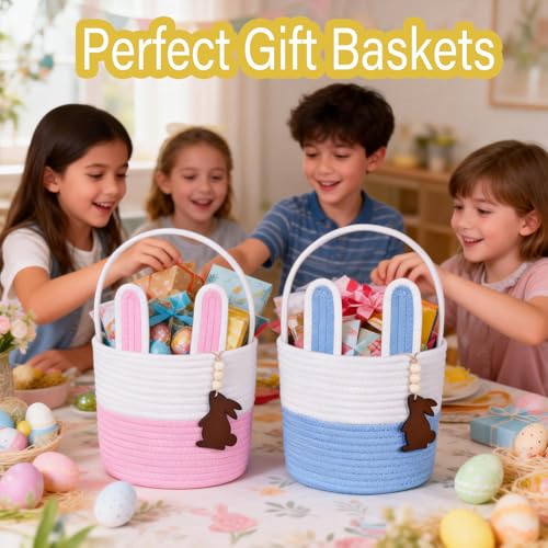 Image of Easter Basket Empty 2 PCS Bunny Woven Rope Easter Baskets for Kids Easter Hunt Baskets with Handle Bags Easter Gifts for Kids Toddlers Girls Boys Teens Set of 2 Blue and Pink