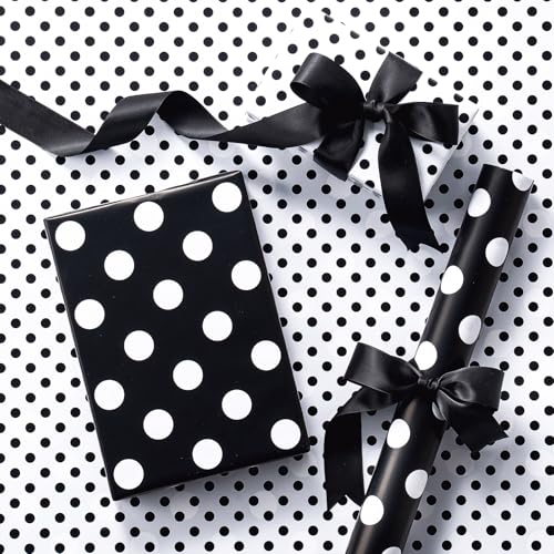 RUSPEPA Reversible Polka Dot Wrapping Paper Mini Roll Black and White Large & Small Dots Design Modern Minimalist Gift Wrap Paper for Birthday Baby Shower Wedding Party 17 Inches x 16.4 Feet