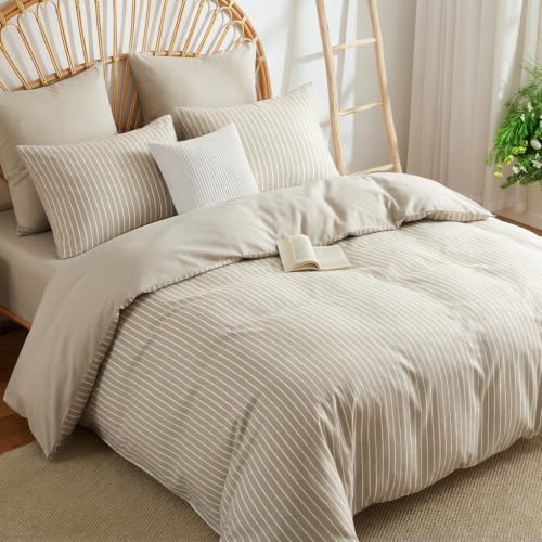 Image of Nayoroom Brown Striped Duvet Cover Queen Reversible Taupe Bedding Set