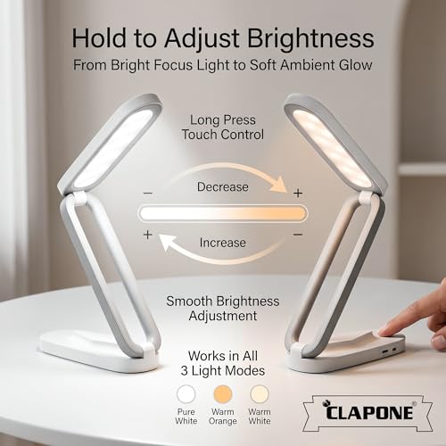 Image of LED Desk Lamp Rechargeable, Foldable & Portable Table Lamp for Study, Office & Home, 3 Brightness Levels with Touch Control, Wireless Battery Operated Reading Light, Eye-Caring LED Desk (White-Grey)