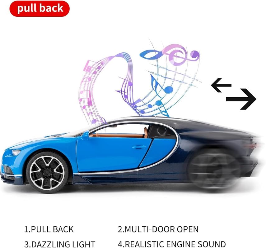 Image of Kids Model 1:32 Bugatti Chiron Die Cast Metal Car Pull Back Action Opening Doors with Realistic Engine Sound Lights Toy Car Gift for Boys - Blue
