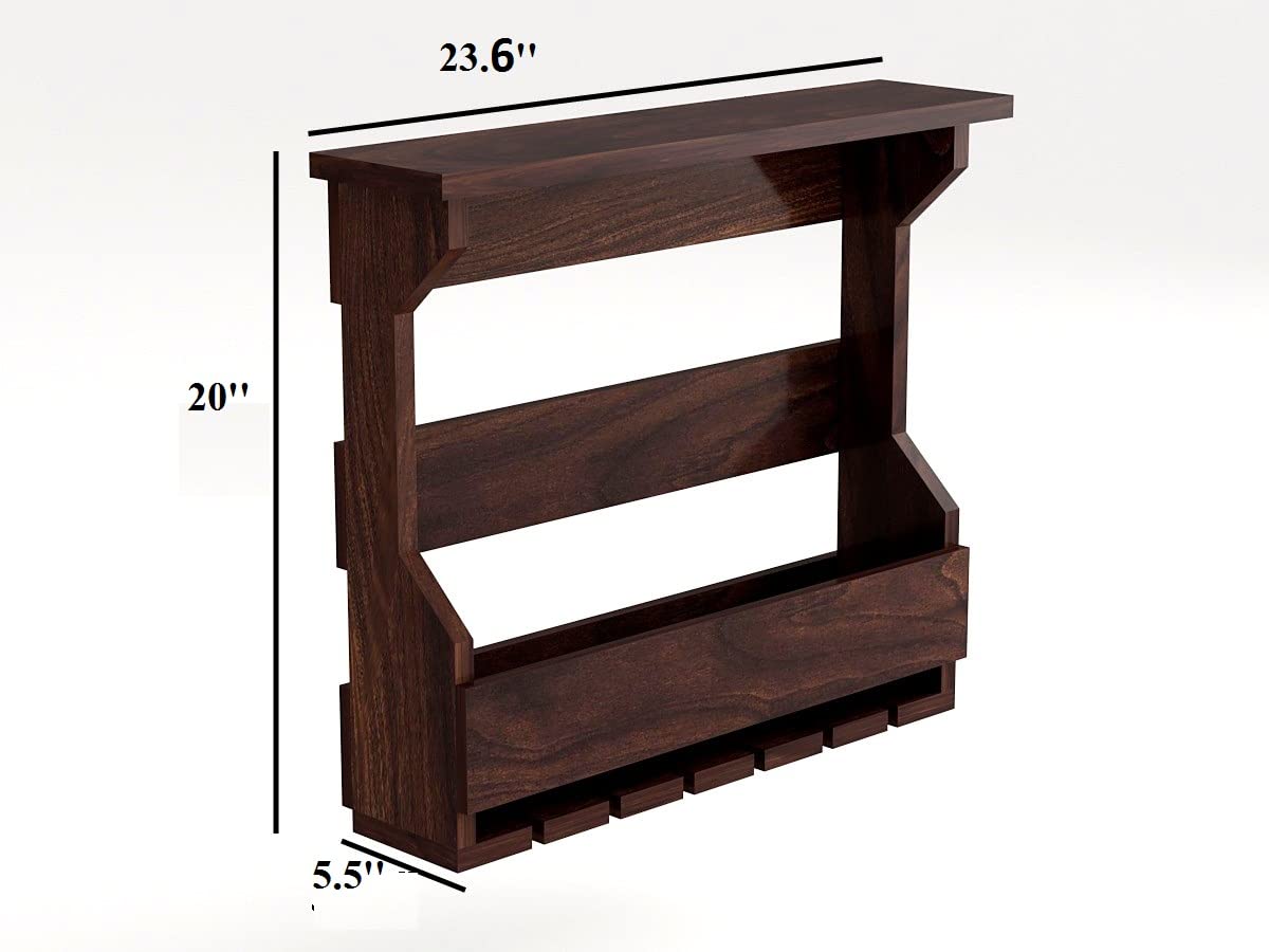 Wopno Furniture Sheesham Wooden Wall Hanging Bar Holder | Solid Wood Bar Cabinets for Home | Mini Bar for Home | Rosewood Rack and Wine Storage with Glass Hanging Space (Walnut, Small Size) 2