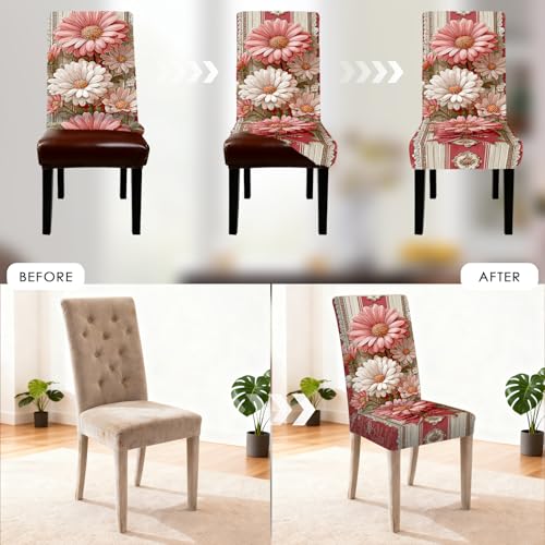 Image of Nuxovilar Pink Daisy Red Ribbon Milk Silk 23.6x66.9in 4PCS Covers | Stretch Slipcover Floral Protector Flower Wrap Seat Guard Dining Room Brunch Event Home Gathering (Pink Daisy)