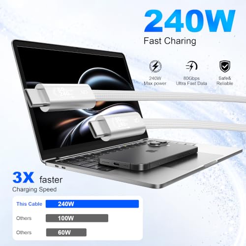 Image of 5FT White Braided USB4 Cable, 80Gbps 240W USB C Cable for Thunderbolt 5