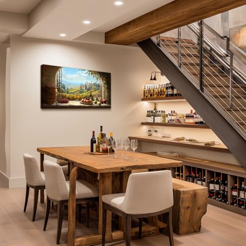 crmotu Faux Window Large Wall Art, Italian Wine Country Landscape Art Prints, Vineyard Picture Kitchen Wall Decor, Sunlit Rustic Grape Fields Paintings for Dining Room Hallway Basement 20x40 Inch