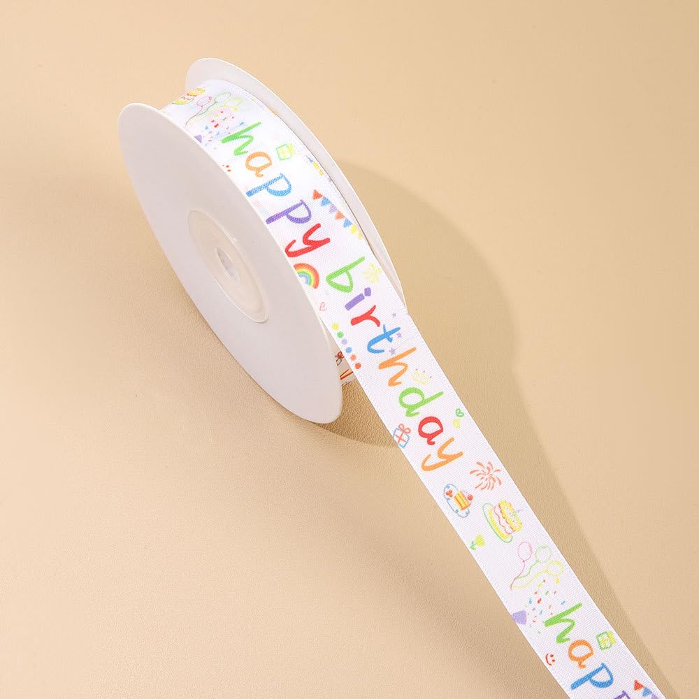 Nastro Raso Con Scritta Happy Birthday - 9,1 Metri X 1,5 Cm Per Decorazioni Torte E Regali