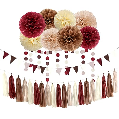 Image of Brown Burgundy Champagne-Gold Party-Decorations - 30pcs Rustic Boho Wedding Tissue Pom-Poms Streamers ,Fall Autumn Tassel Garland Banner,Birthday Baby Bridal Shower Engagement Decor Lasting Surprise