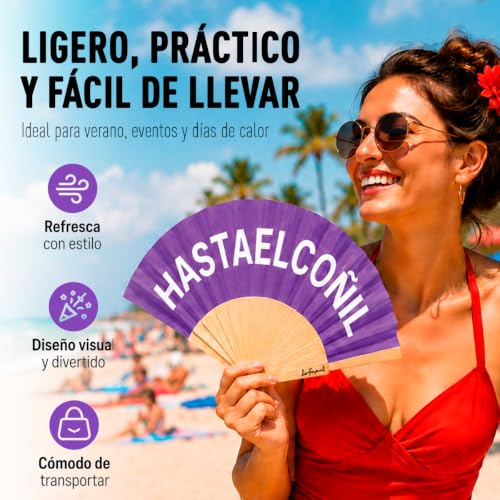 LINFORMAL Éventail amusant pour femme HastaelCoñil, éventail original en bois avec phrase drôle, éventail à main pliable pour été, fêtes, mariages, événements, cadeau original pour femme, violet/rouge – vue 6