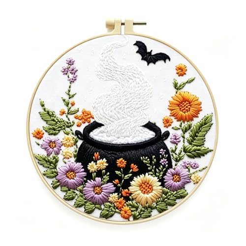 Image of Zhenqing Halloween Cauldron Embroidery Kit for Beginners, Magic Pot Witch Decor Needlework Kit with Pre-Printed Cotton Fabric, Hoop, Threads & Tools, Spooky DIY Wall Art (C0120)