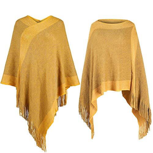 Image of Women's Elegant Knitted Shawl Poncho with Fringed V-Neck Striped Sweater Pullover Cape Gifts for Women Mom