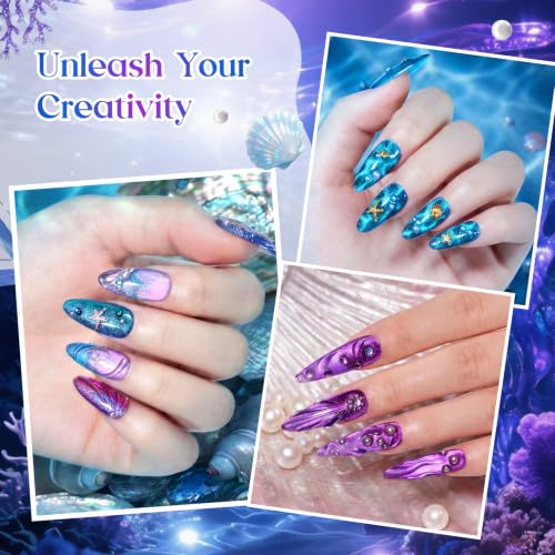 Image of Beetles Siren Song Cat Eye Gel Nail Polish Set, 6 Colors 9ml Fall Gel | Blue Purple Magnetic Gel Polish Kit with Cat Eye&Water Ripple Magnets Stick Nail Charms Soak Off UV Nail Art Gift for Women