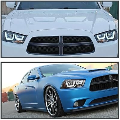 SPEC-D TUNING Dual Halo LED Black Projector Headlights Compatible with 2011-2014 Dodge Charger, Left + Right Pair Headlamps Assembly