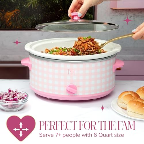 Image of Paris Hilton 6-Quart Manual Slow Cooker, Features Three Settings (Low, High, Warm), Naturally Nonstick and Dishwasher Safe Stoneware Insert, Family Sized Capacity, Gingham Pink