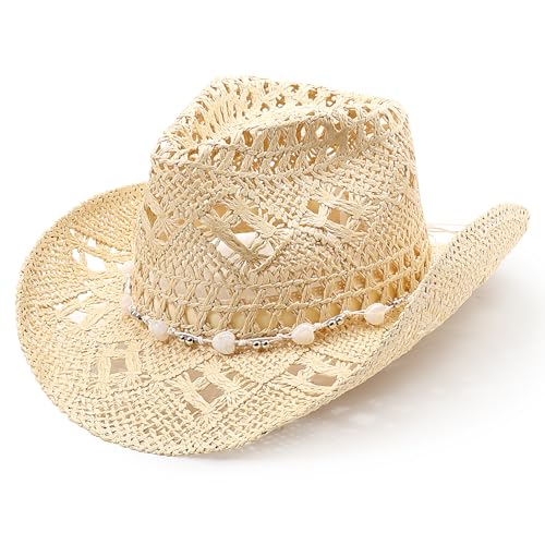 DRESHOW Straw Cowboy Cowgirl Hat for Women Men Western Coastal Cowboy Beach Hat with Shapeable Brim Unisex Rolled up Caps