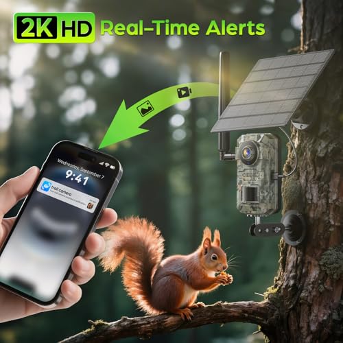 4G LTE Cellular Trail Camera - 2K HD Live Streaming with Built-in SIM Card, 0.2s Motion Activated Solar Game Camera with Night Vision IP66 Waterproof for Wildlife Monitoring Off-Grid