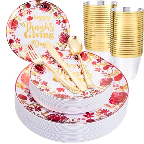 WELLIFE 180Pcs Thanksgiving Plastic Plates with Pumpkins Design, Includes:30 Thanksgiving Dinner Plates, 30 Thanksgiving Dessert Plates, 90 Gold Plastic Silverware and 30 Pcs 9oz Gold Plastic Cups