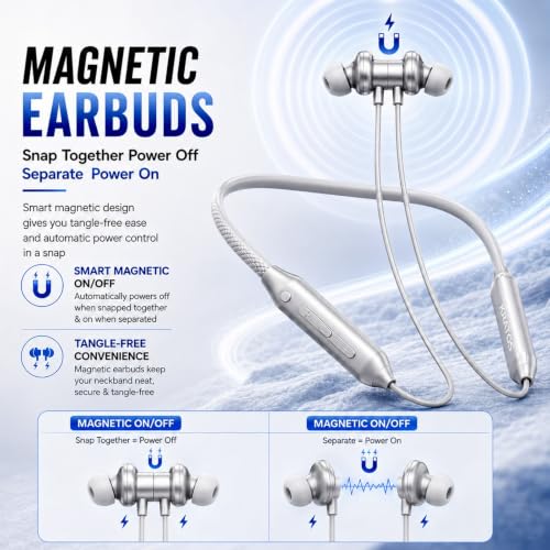 Image of Kratos Gray Bluetooth Neckband with 55H Playtime, Deep Bass, Stereo Sound, HD Calls, Magnetic Earbuds, Voice Assistant, Type-C Fast Charging, Rich Audio, Hollow Switch for Comfort & Style