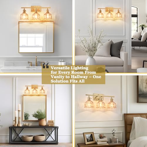 Image of 3-Light Amber Tulip Glass Vanity Light, Brushed Gold Vintage Bathroom Wall Sconce, 19.4 inch Antique Brass Hardwired Wall Lamp for Mirror, Powder Room, Bedroom (Individual Switches, Bulbs Not Included)