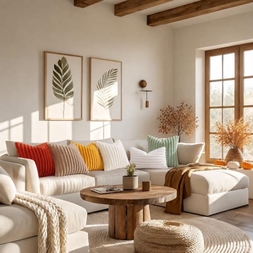 Image of decorUhome Fall Cozy Faux Fur Throw Pillow Covers 26x26 Set of 2 Decorative Soft Plush Striped Modern Farmhouse Boho Couch Euro Sham Pillow Cases with Velvet Back for Sofa Bed Living Room, Rust