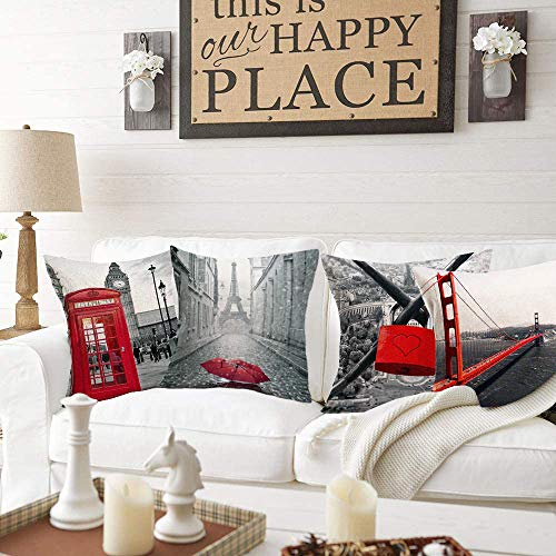 Aremetop Throw Pillow Covers Vintage Famous City Building Red Grey Black Artwork Home Decor Pillowcases Golden Gate Bridge,Eiffel Tower,Big Ben,Pont Des Arts Decorative Square Cushion Cover 18X18 Inch #TOP3