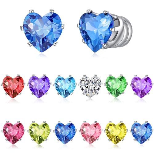 Spiritlele 12 Pairs Birthstone Magnetic Earrings Set Cubic Zirconia Clip on Non Piercing Fake Stud Earrings Birthday Gifts Unisex