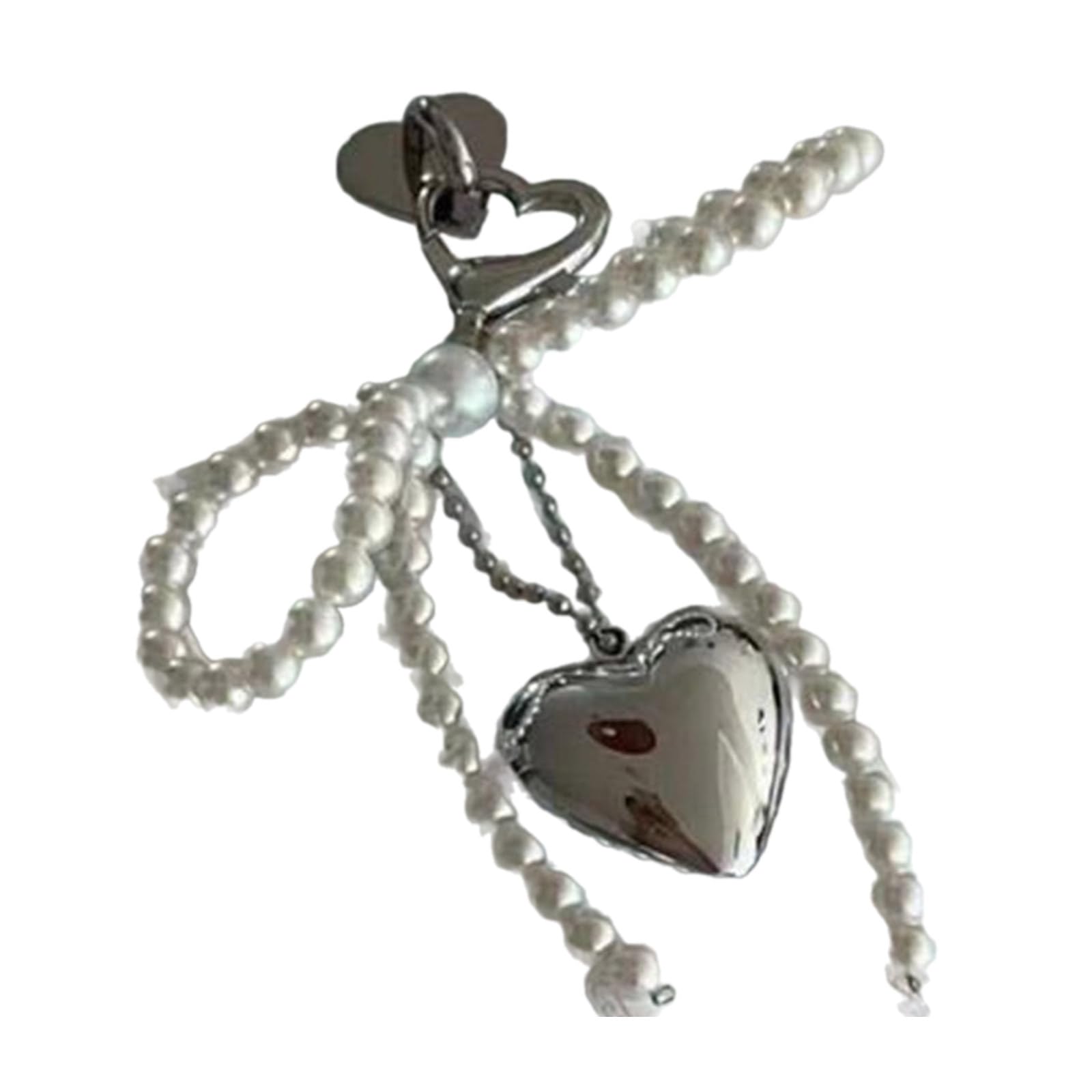Haoyull Pendant Keychain Bowknot Heart Pendant Keychain Pearls Beaded Phone Charm Detachable Phone Lanyard Handmade Keyring Jewelry for Wallet, Love 30*31, As Shown in the Figure