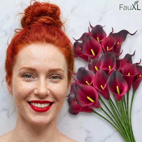 Image of 10 Pcs Artificial Calla Lily Flowers Bunch for Vase and Flower Pots- Premium Real-Look Faux Lily Stems for Home Decor, Living Room, Bedroom, Office Decoration (Vase not Included) (Dark-Maroon)