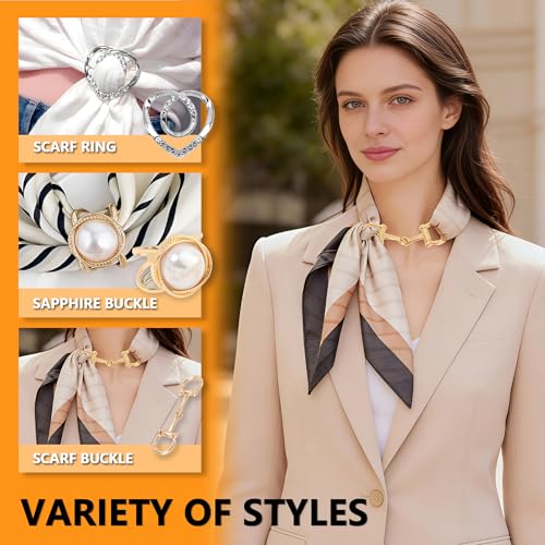 Image of 12-45PCS Scarf Ring Clip Pearl Brooch Pins - T-shirt Sweater Shawl Ties Clips Clothes Corner Knotted Button Fashion Metal Round Circle Shirt Clip Buckle Brooches for Women Girls Gift