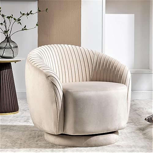 Modern Barrel Swivel Chair with Plush Velvet Upholstery and Smooth 360° Rotation, Round Accent One-Seater Sofa for Living Room, Bedroom and Office,Ivory