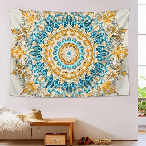 Tapisserie mandala bleu or, l'art mural pour une chambre esthétique et apaisante