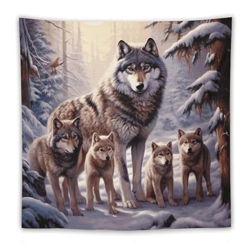 Tapisserie murale famille de loups en tissu vintage pour deco de salon et chambre