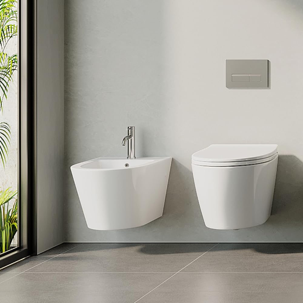Bidé colgante con orificio para grifo y protección contra desbordamiento – Bidé de pared de cerámica – Ducha higiénica para limpieza íntima – con kit de fijación para montaje – 52,5 × 36,5 × 30 cm