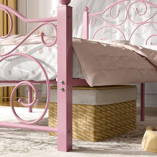 Image of VECELO Twin Size Bed Frame with Headboard and Footboard, Heavy Duty Metal Slat Support, Platform Mattress Foundation, No Box Spring Needed, Easy Assembly, Pink