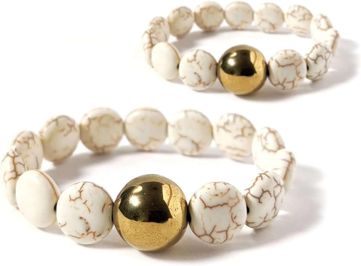Pulseiras Premium para Alívio de Náuseas - Acupressão Natural para Enjoos Matinais, de Movimento e Marítimos em Howlite Branca - Conjunto com 2 Unidades
