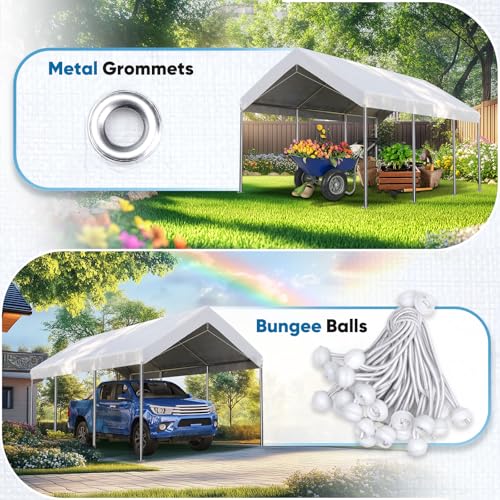 Image of ADVANCE OUTDOOR 12x20 ft Carport Replacement Top Cover, Heavy Duty Waterproof & UV Protected, Easy Installation with Ball Bungees, White, Roof Only